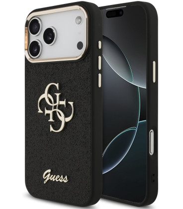 Juodas dėklas Apple iPhone 17 Pro Max telefonui "Guess PU Fixed Glitter 4G Metal Frame Case"