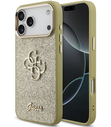 Auksinės spalvos dėklas Apple iPhone 17 Pro Max telefonui "Guess PU Fixed Glitter 4G Metal Frame Case"