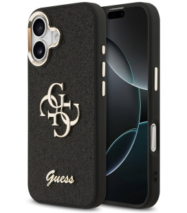 Juodas dėklas Apple iPhone 17 telefonui "Guess PU Fixed Glitter 4G Metal Frame Case"