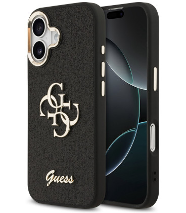 Juodas dėklas Apple iPhone 17 telefonui "Guess PU Fixed Glitter 4G Metal Frame Case"