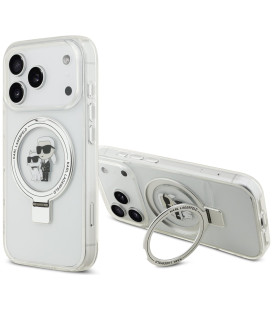 Baltas dėklas Apple iPhone 17 Pro telefonui "Karl Lagerfeld Ringstand Karl and Choupette MagSafe Case"