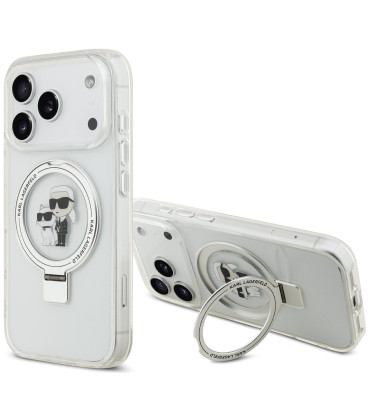 Baltas dėklas Apple iPhone 17 Pro telefonui "Karl Lagerfeld Ringstand Karl and Choupette MagSafe Case"