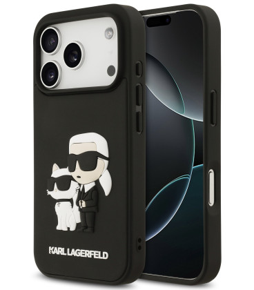 Juodas dėklas Apple iPhone 17 Pro telefonui "Karl Lagerfeld 3D Rubber Karl and Choupette Case"