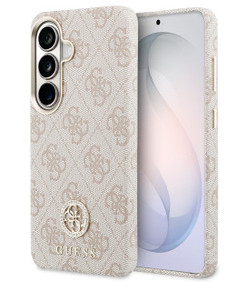 Rožinis dėklas Samsung Galaxy S26 telefonui "Guess PU Leather 4G Strass Logo Gold Frame Magnetic Case"