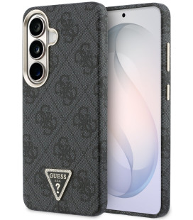 Juodas dėklas Samsung Galaxy S26 telefonui "Guess PU Leather 4G Strass Triangle Logo Gold Frame Magnetic Case"