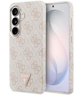 Rožinis dėklas Samsung Galaxy S26 telefonui "Guess PU Leather 4G Strass Triangle Logo Gold Frame Magnetic Case"