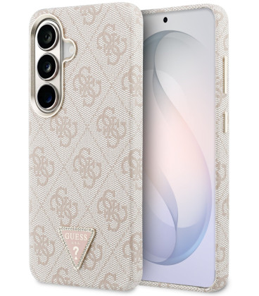 Rožinis dėklas Samsung Galaxy S26 telefonui "Guess PU Leather 4G Strass Triangle Logo Gold Frame Magnetic Case"
