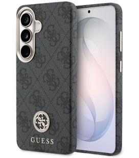 Juodas dėklas Samsung Galaxy S26 telefonui "Guess PU Leather 4G Strass Logo Gold Frame Magnetic Case"