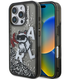 Juodas dėklas Apple iPhone 16 Pro Max telefonui "Karl Lagerfeld Liquid Glitter Scattered Choupette Case"