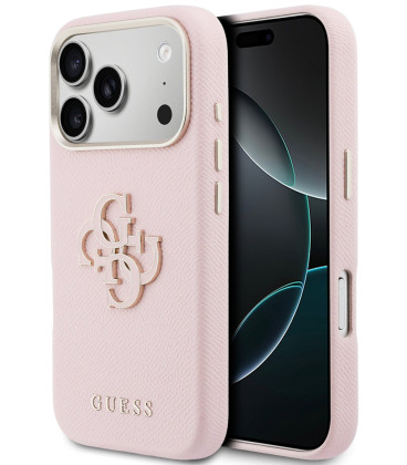 Rožinis dėklas Apple iPhone 17 Pro telefonui "Guess PU Resin Logo Case"
