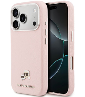 Rožinis dėklas Apple iPhone 17 Pro telefonui "Karl Lagerfeld PU Karl and Choupette Heads Pins MagSafe Case"