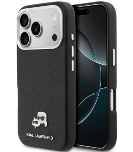 Juodas dėklas Apple iPhone 17 Pro Max telefonui "Karl Lagerfeld PU Karl and Choupette Heads Pins MagSafe Case"