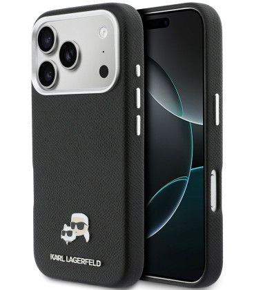 Juodas dėklas Apple iPhone 17 Pro Max telefonui "Karl Lagerfeld PU Karl and Choupette Heads Pins MagSafe Case"
