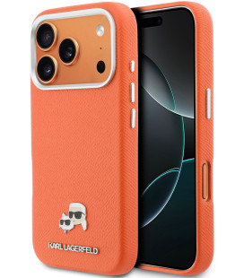 Oranžinis dėklas Apple iPhone 17 Pro Max telefonui "Karl Lagerfeld PU Karl and Choupette Heads Pins MagSafe Case"