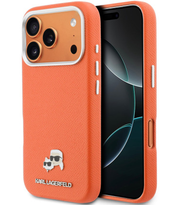 Oranžinis dėklas Apple iPhone 17 Pro Max telefonui "Karl Lagerfeld PU Karl and Choupette Heads Pins MagSafe Case"