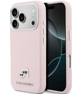 Rožinis dėklas Apple iPhone 17 Pro Max telefonui "Karl Lagerfeld PU Karl and Choupette Heads Pins MagSafe Case"