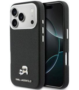 Juodas dėklas Apple iPhone 17 Pro telefonui "Karl Lagerfeld PU Karl and Choupette Heads Pins MagSafe Case"