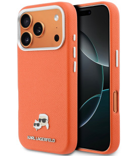 Oranžinis dėklas Apple iPhone 17 Pro telefonui "Karl Lagerfeld PU Karl and Choupette Heads Pins MagSafe Case"