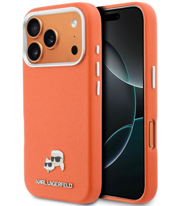 Oranžinis dėklas Apple iPhone 17 Pro telefonui "Karl Lagerfeld PU Karl and Choupette Heads Pins MagSafe Case"