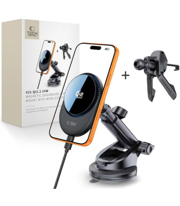 Juodas magnetinis automobilinis telefono laikiklis su 25W QI2.2 krovimu "Tech-Protect V21 Magnetic Magsafe Vent & Dash"