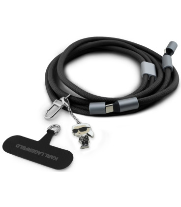 Juodas dirželis telefonui su integruotu USB-C - USB-C laidu "Karl Lagerfeld Ikonik Charm Strap"