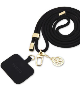 Juodas / auksinės spalvos dirželis telefonui "Guess Crossbody Strap Cord 4G Charm"