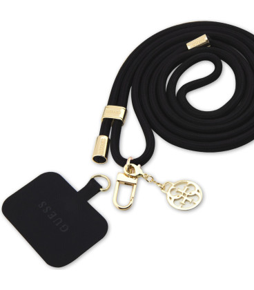 Juodas / auksinės spalvos dirželis telefonui "Guess Crossbody Strap Cord 4G Charm"