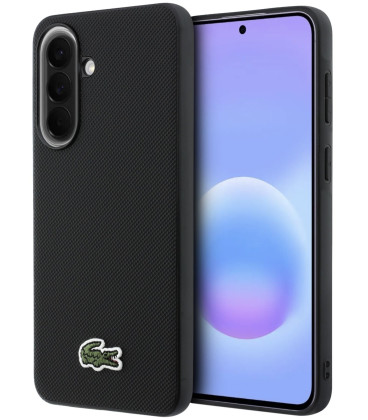 Juodas dėklas Samsung Galaxy A57 telefonui "Lacoste Iconic Petit Pique Woven Logo MagSafe Case"