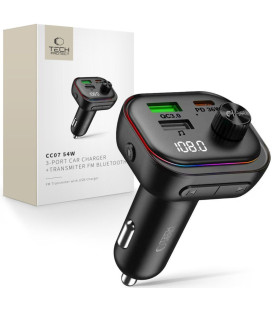 Juodas automobilinis PD54W 2xUSB-A + 1xUSB-C + FM moduliatorius pakrovėjas "Tech-Protect CC07 3-Port"