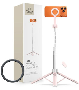 Rožinė / pilka selfie - asmenukių lazka - trikojis "Tech-Protect L10S Magsafe Bluetooth Selfie Stick Tripod"
