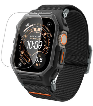 Juoda apyrankė / dėklas + stikliukas Apple Watch Ultra 1 / 2 / 3 (49 mm) laikrodžiui "Spigen Lite Fit Pro & Tempered Glass"