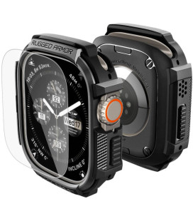 Juodas dėklas + stikliukas Apple Watch Ultra 1 / 2 / 3 (49 mm) laikrodžiui "Spigen Rugged Armor & Tempered Glass"