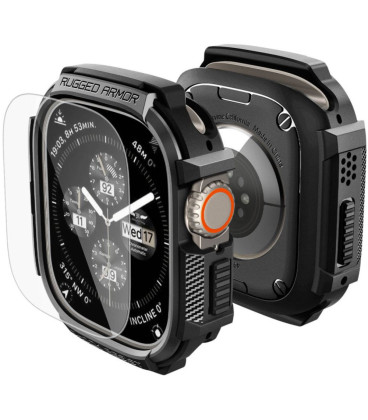 Juodas dėklas + stikliukas Apple Watch Ultra 1 / 2 / 3 (49 mm) laikrodžiui "Spigen Rugged Armor & Tempered Glass"