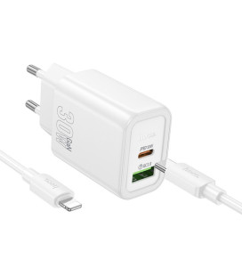 Baltas 30W GaN 1xUSB-C + 1xUSB-A pakrovėjas + USB-C - Lightning 100cm laidas "Hoco N63"