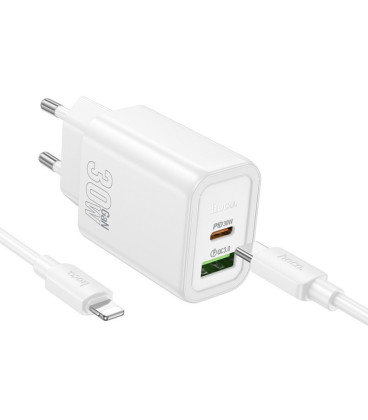 Baltas 30W GaN 1xUSB-C + 1xUSB-A pakrovėjas + USB-C - Lightning 100cm laidas "Hoco N63"