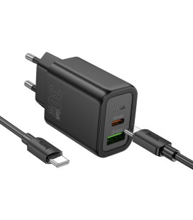 Juodas 30W GaN 1xUSB-C + 1xUSB-A pakrovėjas + USB-C - USB-C 100cm laidas "Hoco N63"