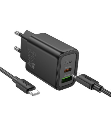 Juodas 30W GaN 1xUSB-C + 1xUSB-A pakrovėjas + USB-C - USB-C 100cm laidas "Hoco N63"