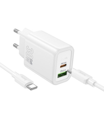 Baltas 30W GaN 1xUSB-C + 1xUSB-A pakrovėjas + USB-C - USB-C 100cm laidas "Hoco N63"