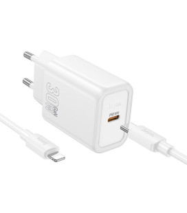 Baltas 30W GaN 1xUSB-C pakrovėjas + USB-C - Lightning 100cm laidas "Hoco N62"