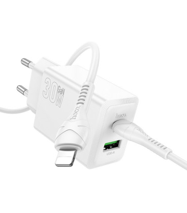 Baltas 1xUSB-C + 1xUSB-A 30W GaN pakrovėjas + USB-C - Lightning 100cm laidas "Hoco N71"