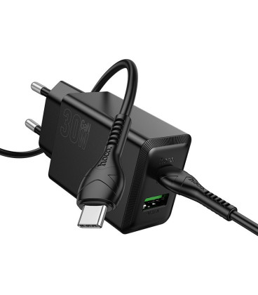 Juodas 30W GaN 1xUSB-C + 1xUSB-A pakrovėjas + USB-C - USB-C 100cm laidas "Hoco N71"