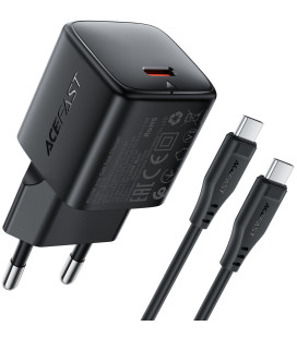 Juodas 1xUSB-C (PD/QC/FCP/AFC) 30W pakrovėjas + 120cm USB-C - USB-C laidas "Acefast A118"