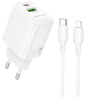 Baltas 30W 1xUSB-A + 1xUSB-C pakrovėjas + 100cm USB-C - Lightning laidas "Borofone BN29"