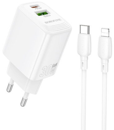 Baltas 30W 1xUSB-A + 1xUSB-C pakrovėjas + 100cm USB-C - Lightning laidas "Borofone BN29"