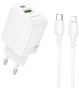 Baltas 20W 1xUSB-A + 1xUSB-C pakrovėjas + 100cm USB-C - Lightning laidas "Borofone BN27"
