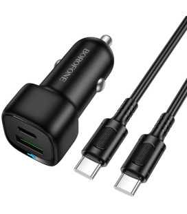 Juodas automobilinis 38W USB-C + USB-A pakrovėjas + 100cm USB-C - USB-C laidas "Borofone BZ34B"