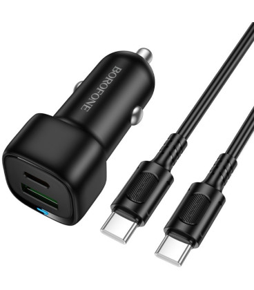 Juodas automobilinis 38W USB-C + USB-A pakrovėjas + 100cm USB-C - USB-C laidas "Borofone BZ34B"