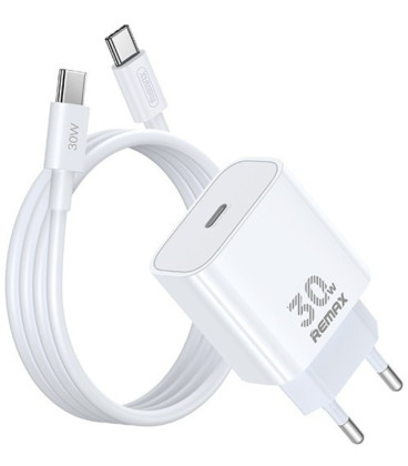 Baltas 30W GaN 1xUSB-C pakrovėjas + 100c, USB-C - USB-C laidas "Remax RP-U71"