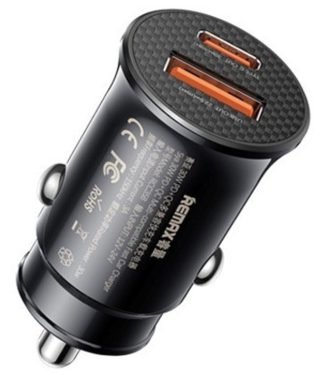 Juodas automobilinis 30W USB-A + USB-C pakrovėjas "Remax RCC358"
