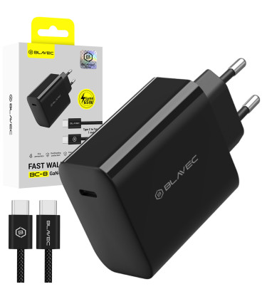 Juodas 1xUSB-C PD QC 65W GaN4 pakrovėjas + 100cm USB-C - USB-C laidas "Blavec Wall Charger BC-8"